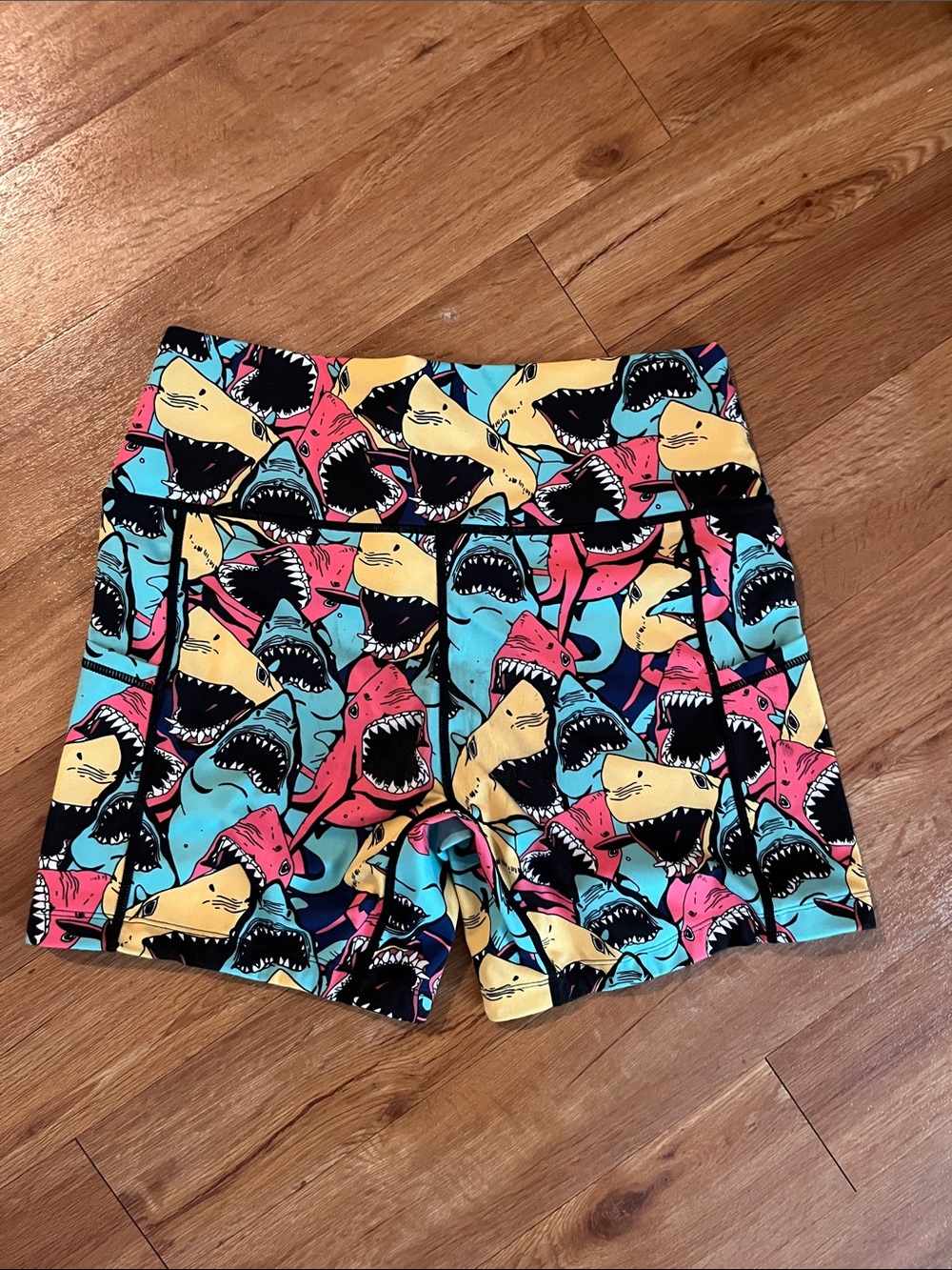 Constantly Varied Gear Women’s Shark Print Shorts - Blue, Yellow, Pink - Picture 3 of 3